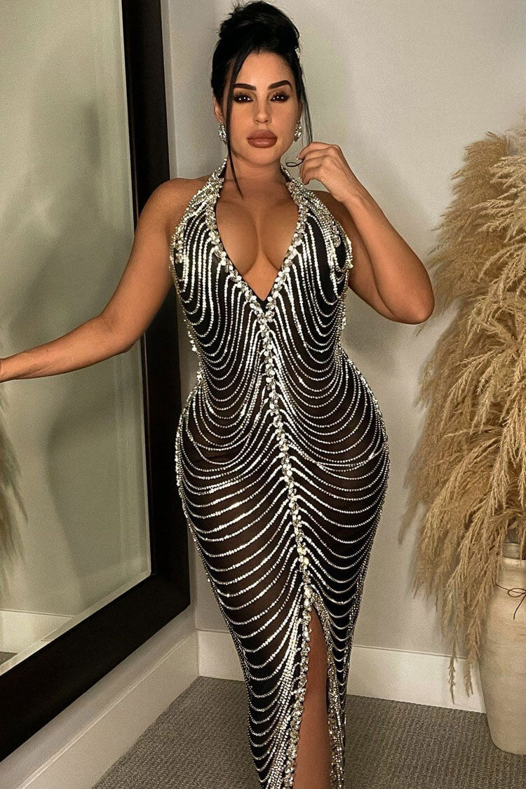 Sexy Backless Halter Sheer Mesh Rhinestone Chain Fringe Cocktail Midi Dress - Black Fashionpara