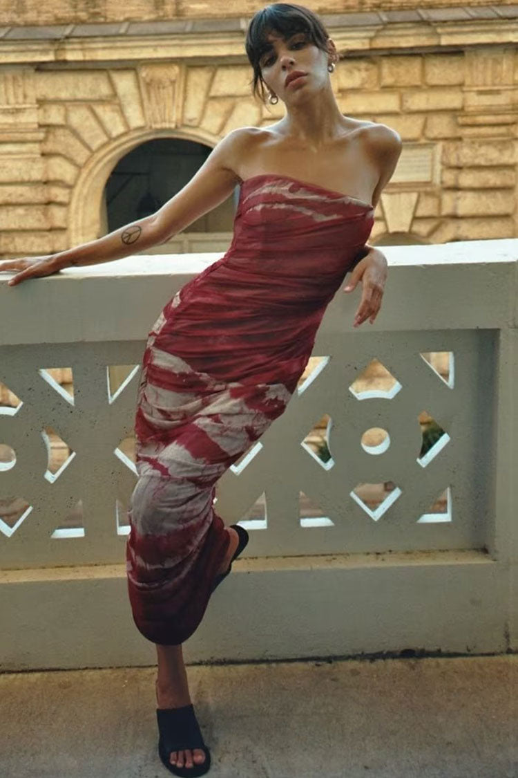 Sexy Bicolor Tie Dye Printed Ruched Bodycon Mesh Strapless Midi Dress - Wine Fashionpara