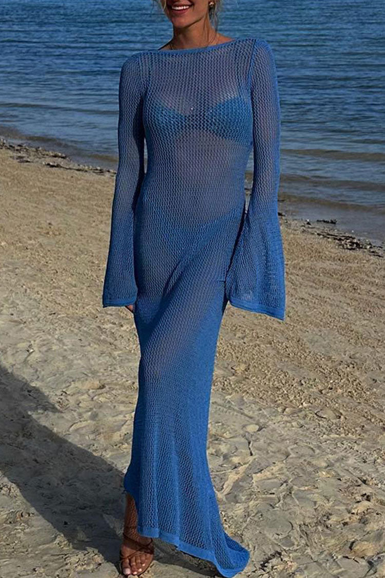Boat Neck Bell Sleeve Crochet Knit Beach Vacation Maxi Dress - Blue