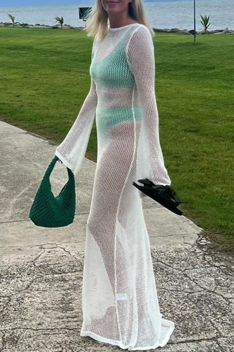 Crochet Knit Boat-Neck Bell-Sleeve Sheer Maxi Dress 2