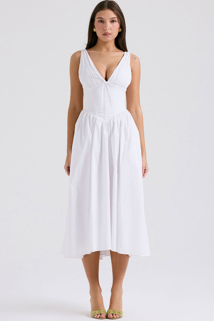Sexy Bow Tie Deep V Ruched Drop Waist Pocket Corset Midi Sundress - White - Fashionpara