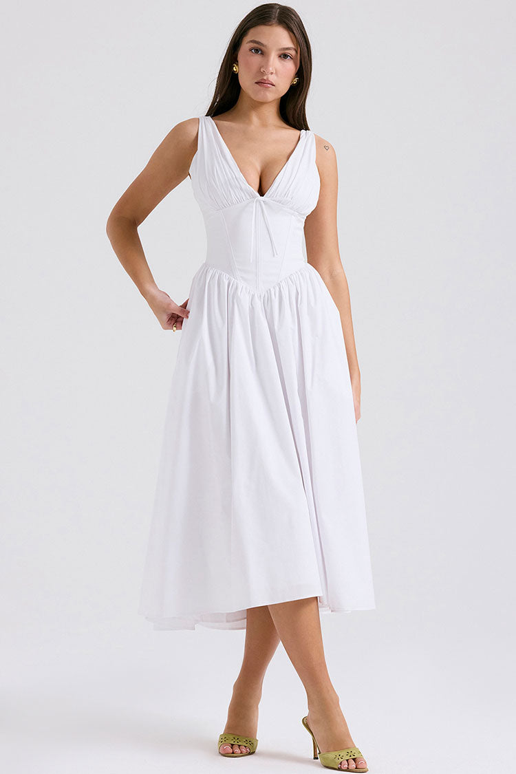 Sexy Bow Tie Deep V Ruched Drop Waist Pocket Corset Midi Sundress - White - Fashionpara