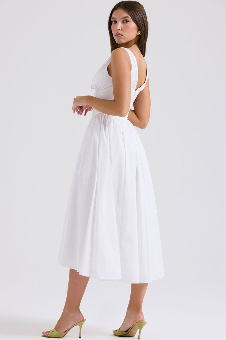 Sexy Bow Tie Deep V Ruched Drop Waist Pocket Corset Midi Sundress - White - Fashionpara