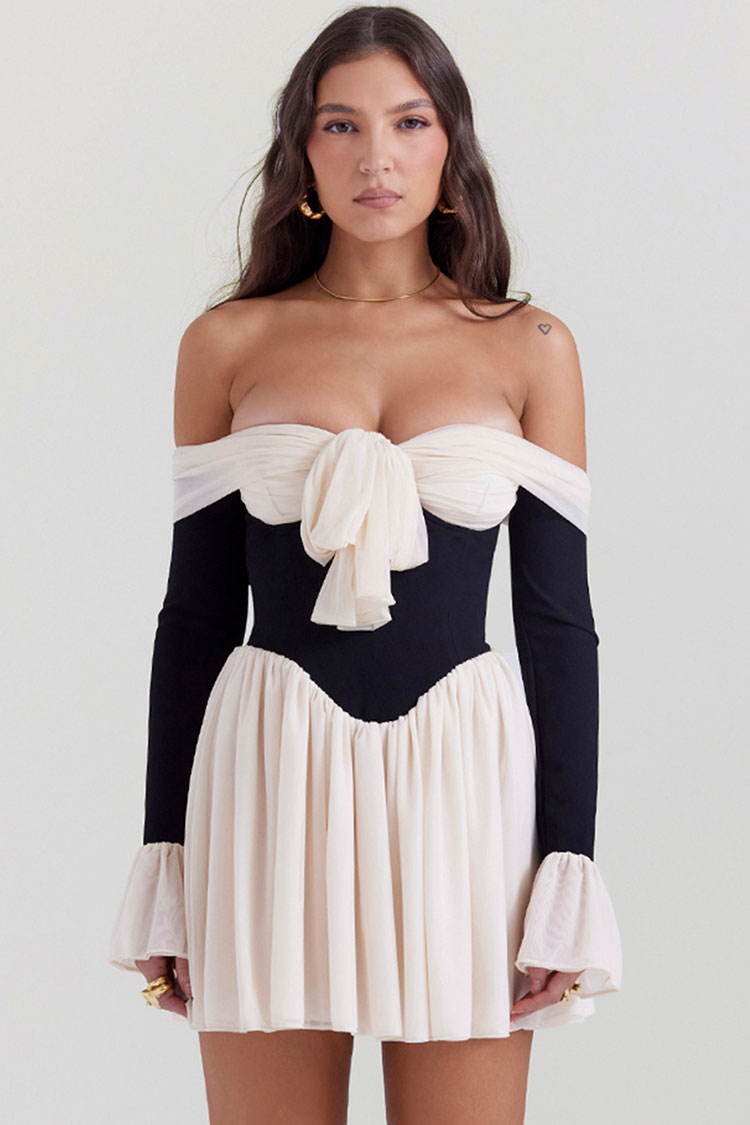 Sexy Bow Tie Off Shoulder Long Sleeve Drop Waist Mesh Panel Party Mini Dress - Black Fashionpara