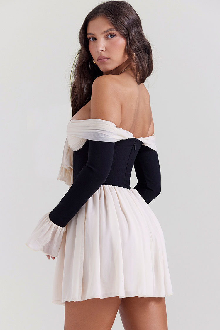 Sexy Bow Tie Off Shoulder Long Sleeve Drop Waist Mesh Panel Party Mini Dress - Black Fashionpara