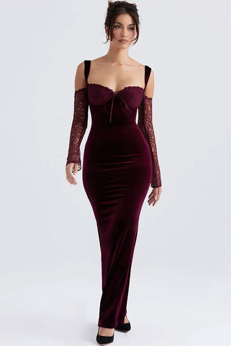 Sexy Bow Tie Sweetheart Cutout Shoulder Velvet Evening Maxi Dress - Burgundy Fashionpara