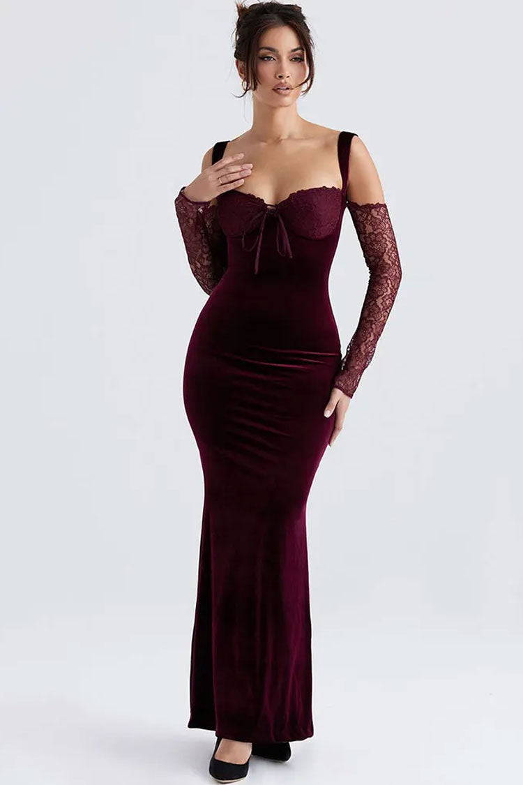 Sexy Bow Tie Sweetheart Cutout Shoulder Velvet Evening Maxi Dress - Burgundy Fashionpara
