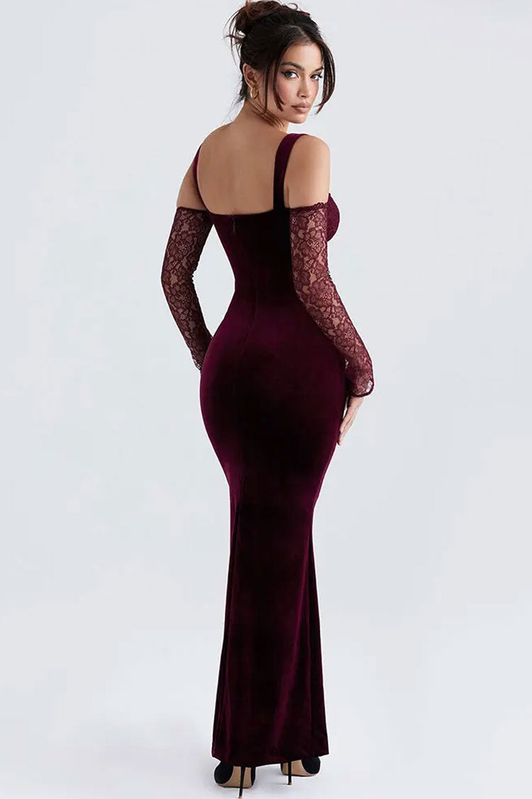 Sexy Bow Tie Sweetheart Cutout Shoulder Velvet Evening Maxi Dress - Burgundy Fashionpara