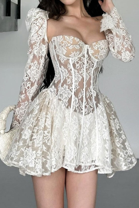Sexy Bustier Puff Sleeve Floral Lace Ruffle Corset Party Mini Dress