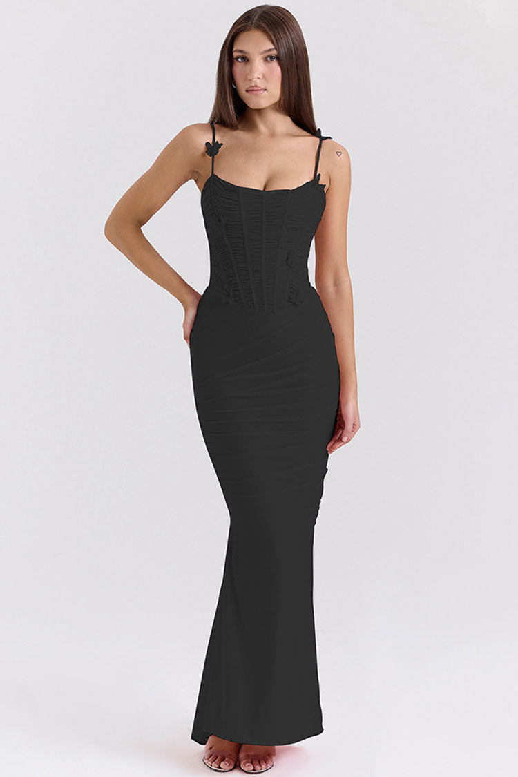 Sexy Butterfly Applique Ruched Bodycon Mesh Mermaid Evening Maxi Dress