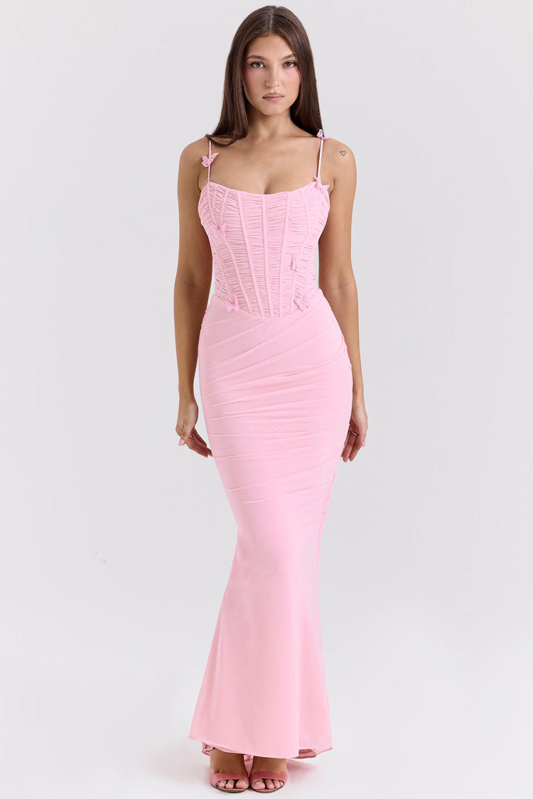 Sexy Butterfly Applique Ruched Bodycon Mesh Mermaid Evening Maxi Dress