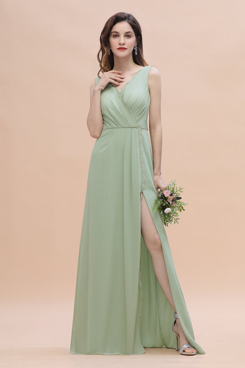 Sexy Chiffon Ruffles Dusty Sage Bridesmaid Dresses with Lace Edge On Sale - Fashionpara