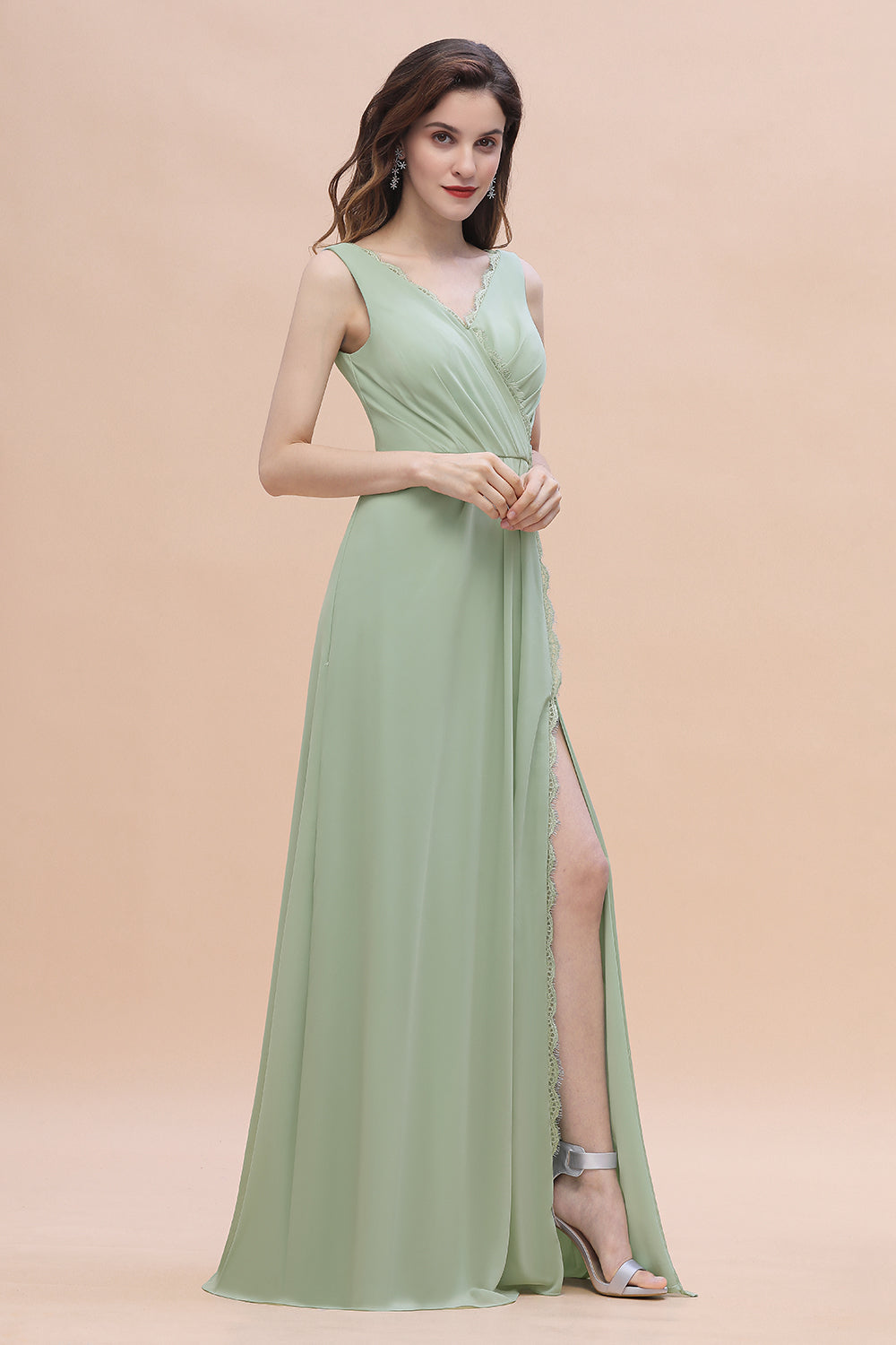 Sexy Chiffon Ruffles Dusty Sage Bridesmaid Dresses with Lace Edge On Sale - Fashionpara