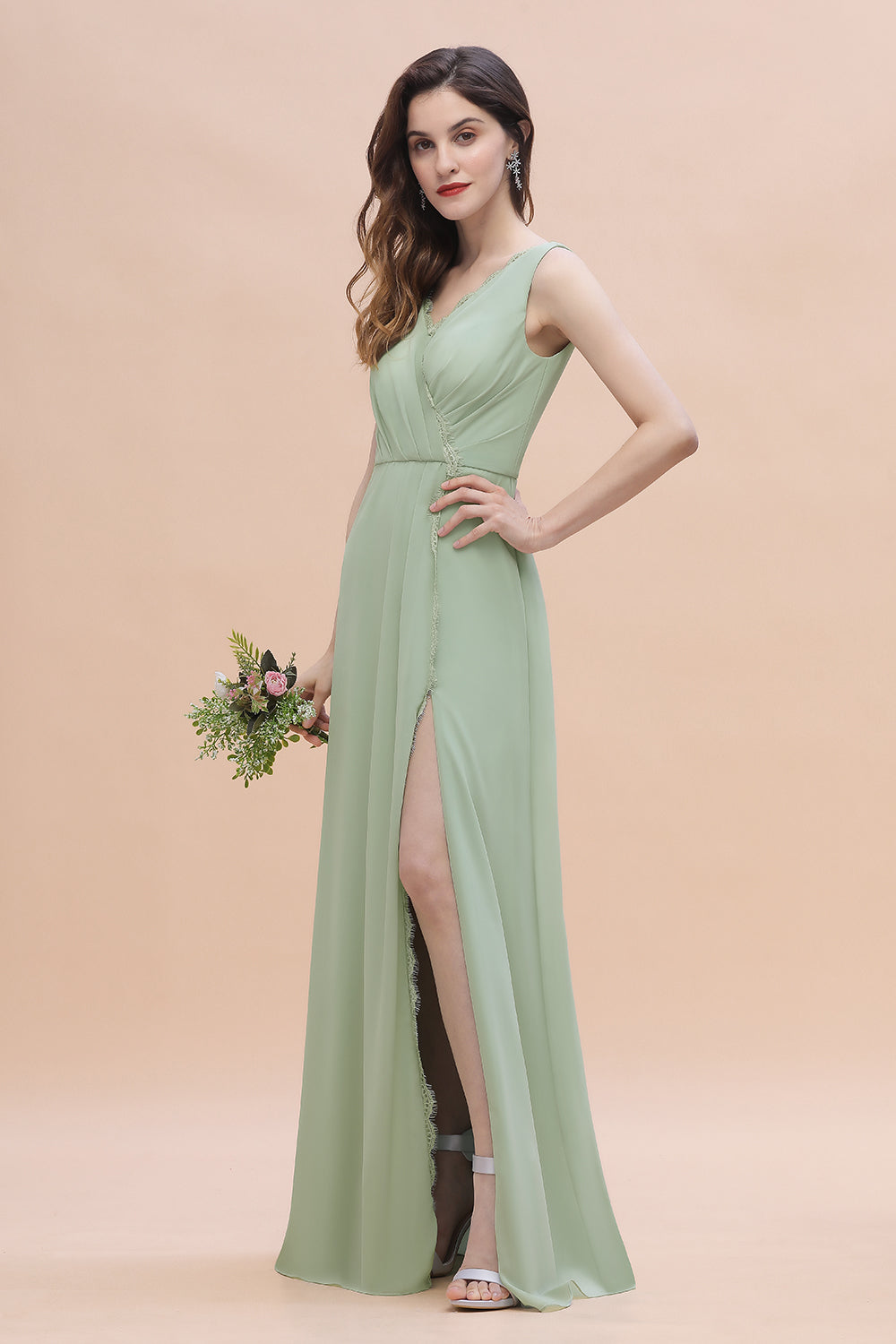 Sexy Chiffon Ruffles Dusty Sage Bridesmaid Dresses with Lace Edge On Sale - Fashionpara