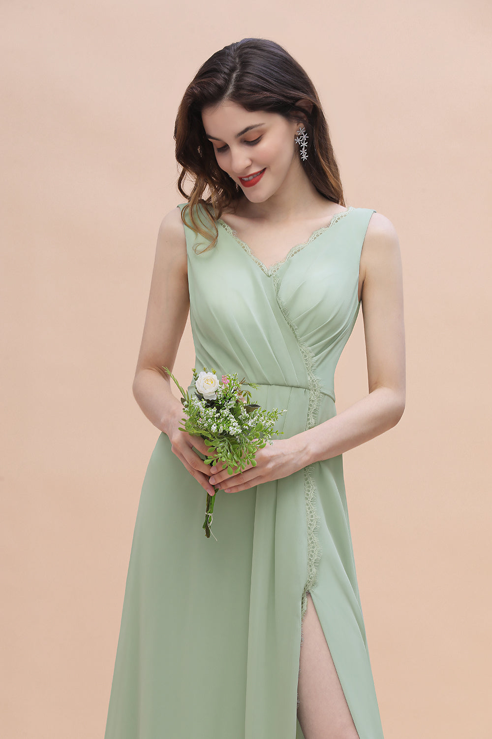 Sexy Chiffon Ruffles Dusty Sage Bridesmaid Dresses with Lace Edge On Sale - Fashionpara