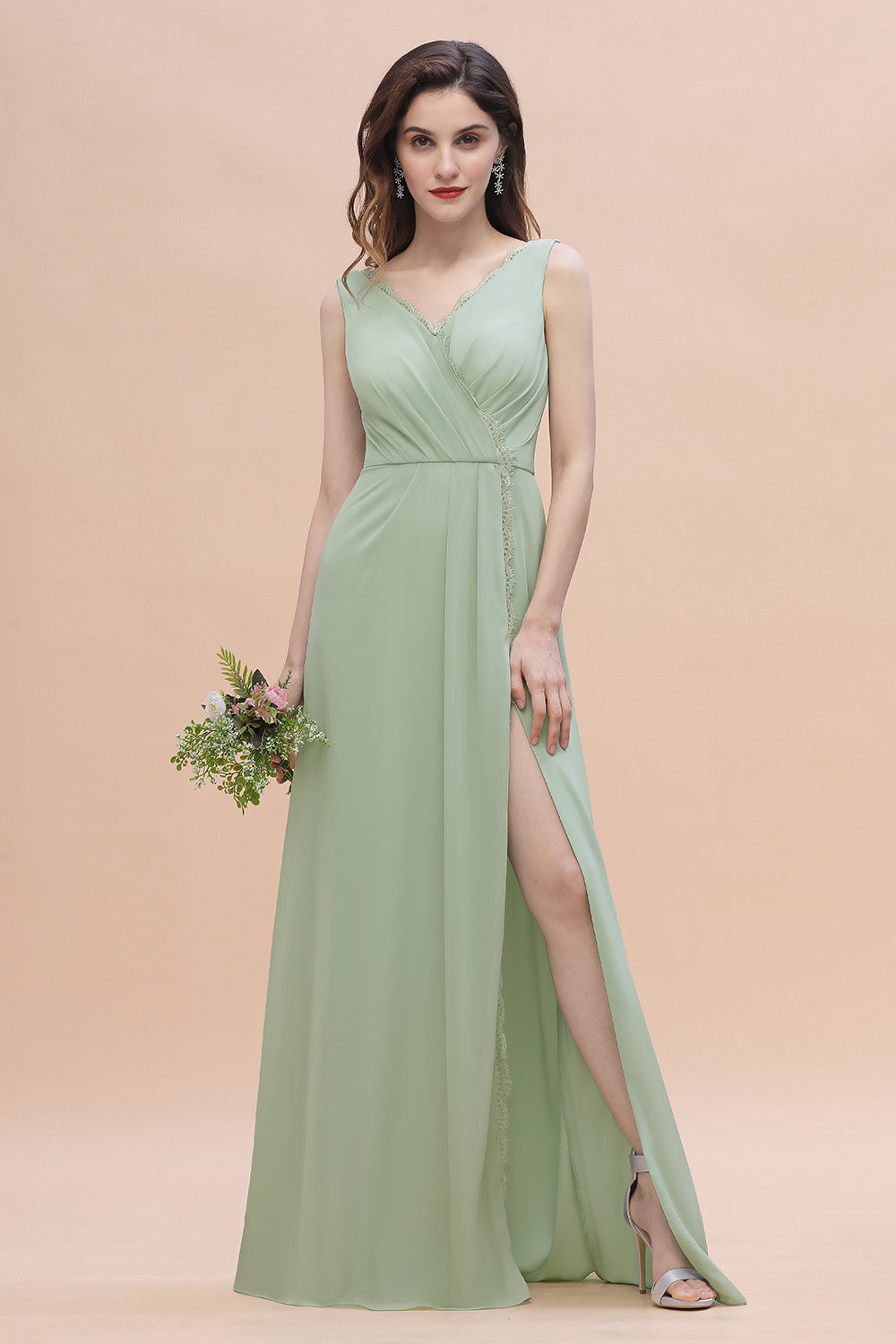 Sexy Chiffon Ruffles Dusty Sage Bridesmaid Dresses with Lace Edge On Sale - Fashionpara