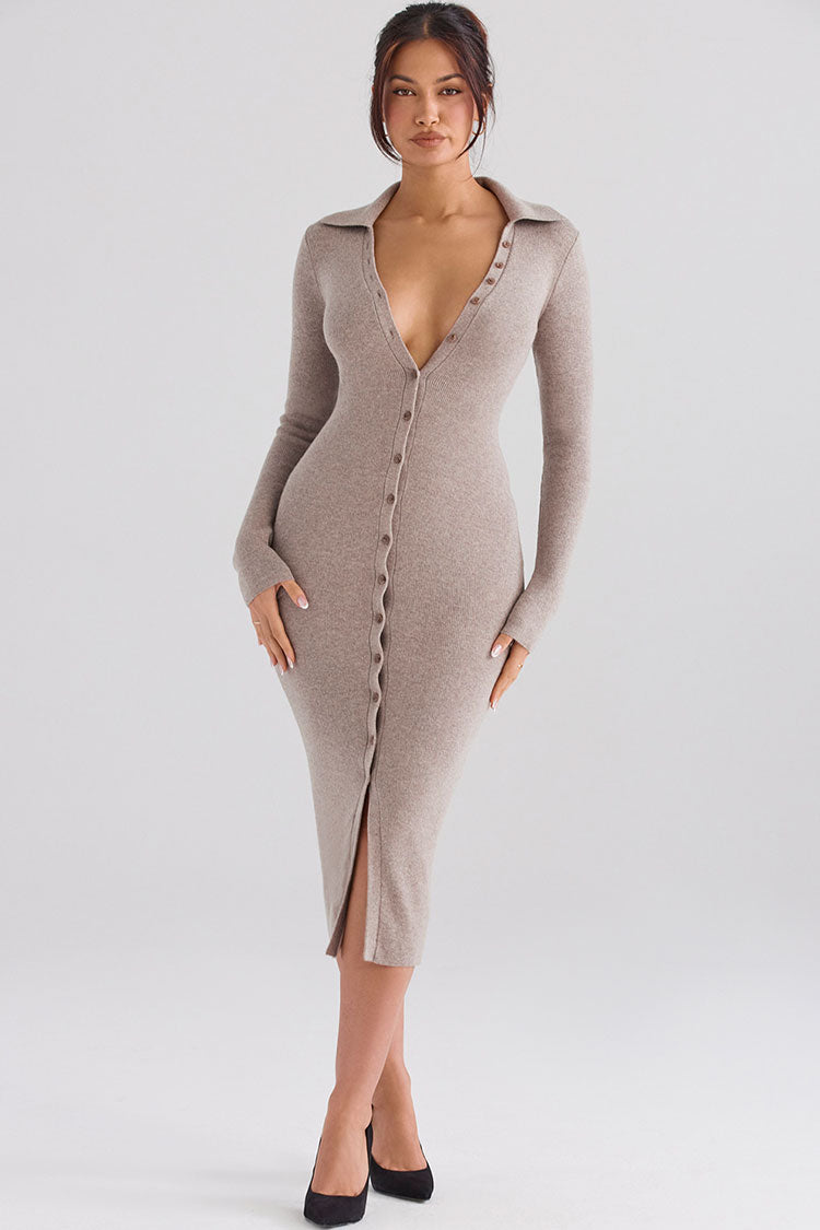 Rosedress Long Sleeve Bodycon Rib Knit Midi Dress in Camel