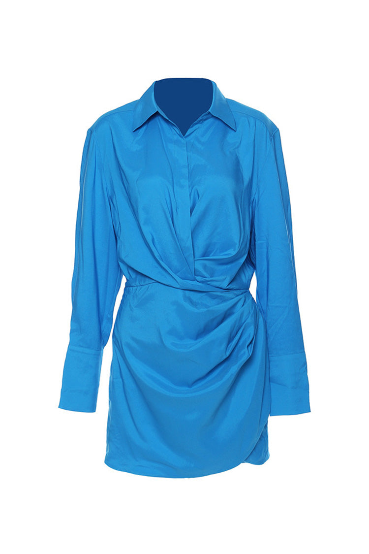 Sexy Collared Button Up Long Sleeve Ruched Bodycon Mini Shirt Dress - Fashionpara