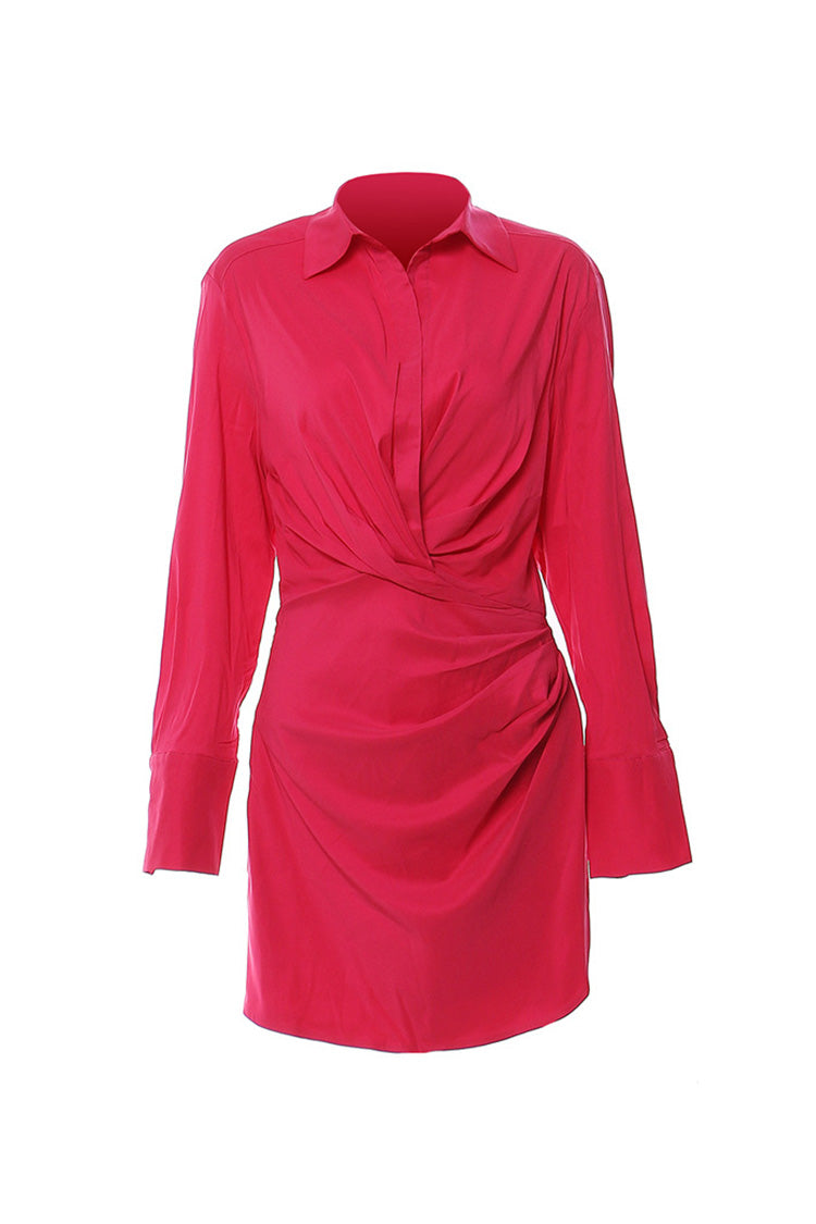 Sexy Collared Button Up Long Sleeve Ruched Bodycon Mini Shirt Dress - Fashionpara
