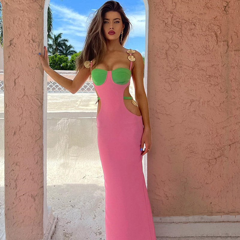 Shell-Trim Strap Cutout Bustier Bodycon Maxi Dress