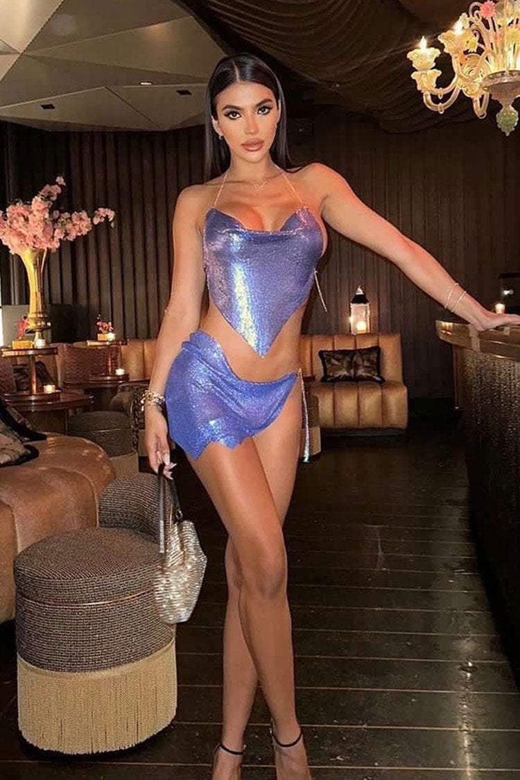 Sexy Cowl Neck Halter Crop Chainmail Club Two Piece Mini Dress - Royal Blue Fashionpara