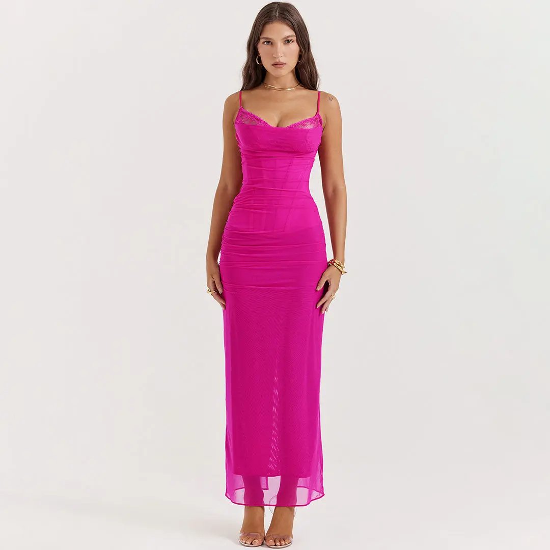 Sexy Cowl Neck Lace Bustier Sleeveless Maxi Corset Slip Dress - Hot Pink - Fashionpara