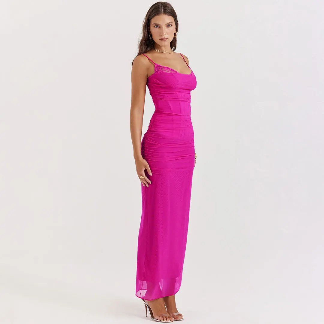 Sexy Cowl Neck Lace Bustier Sleeveless Maxi Corset Slip Dress - Hot Pink - Fashionpara