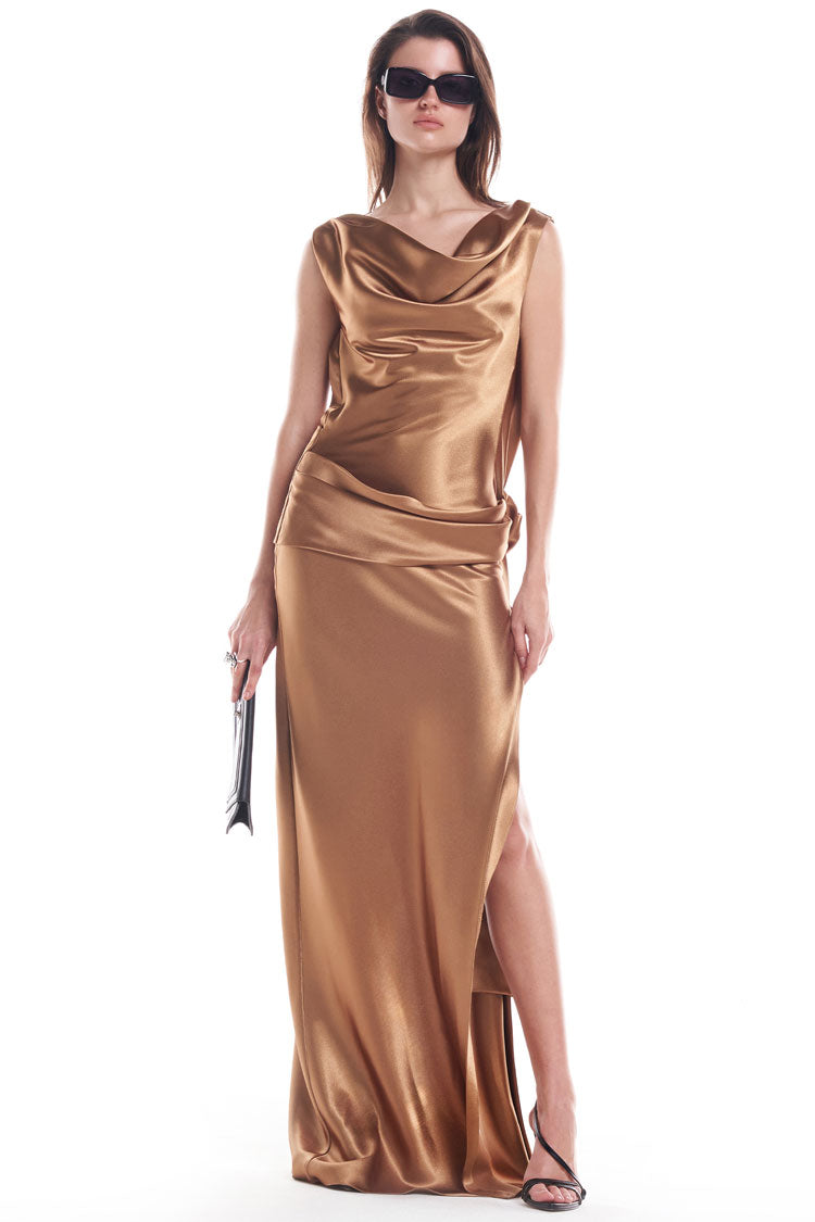 Sexy Cowl Neck Ruched Backless Rosette Split Satin Evening Maxi Dress