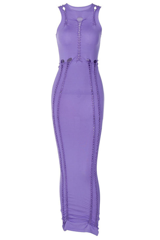 Sexy Crew Neck Braided Cutout Sleeveless Bodycon Cocktail Midi Dress - Purple Fashionpara