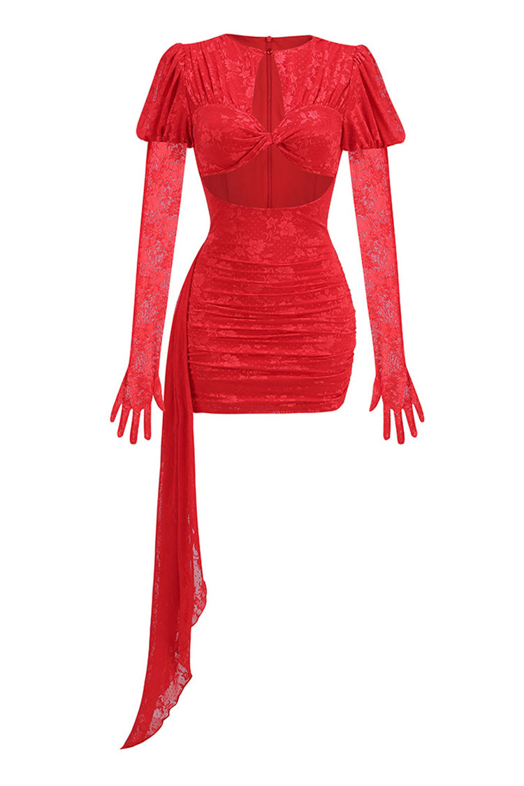 Sexy Crew Neck Cutout Glove Sleeve Sheer Lace Draped Club Mini Dress - Fashionpara