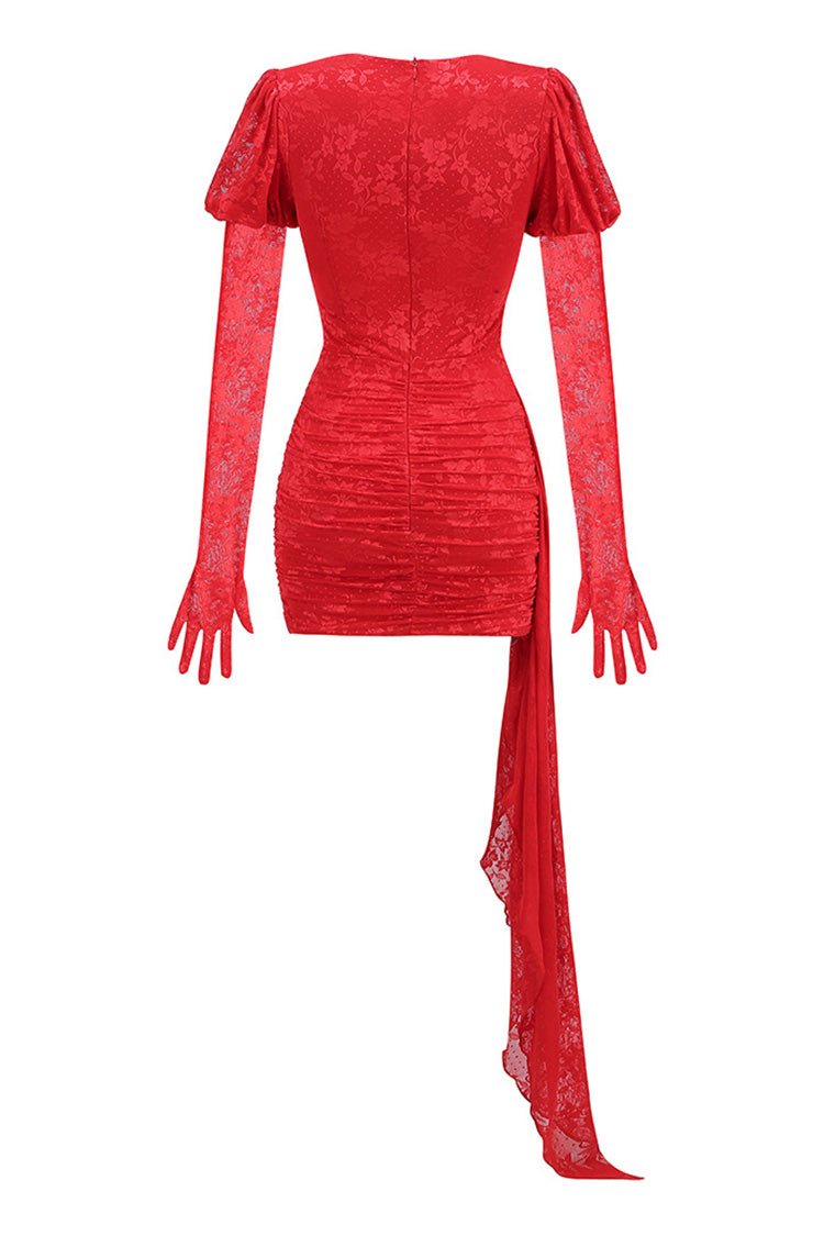 Sexy Crew Neck Cutout Glove Sleeve Sheer Lace Draped Club Mini Dress - Fashionpara