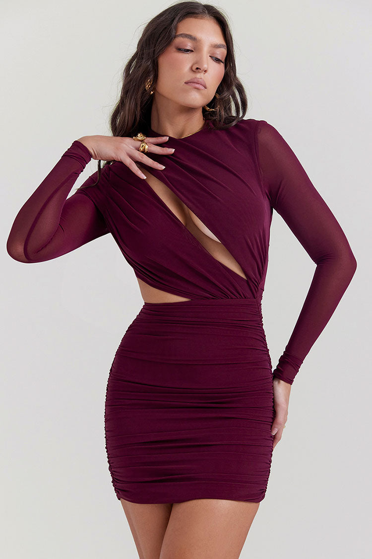 Sexy Crew Neck Cutout Long Sleeve Ruched Party Mini Dress - Burgundy Fashionpara