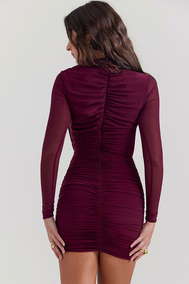 Sexy Crew Neck Cutout Long Sleeve Ruched Party Mini Dress - Burgundy Fashionpara