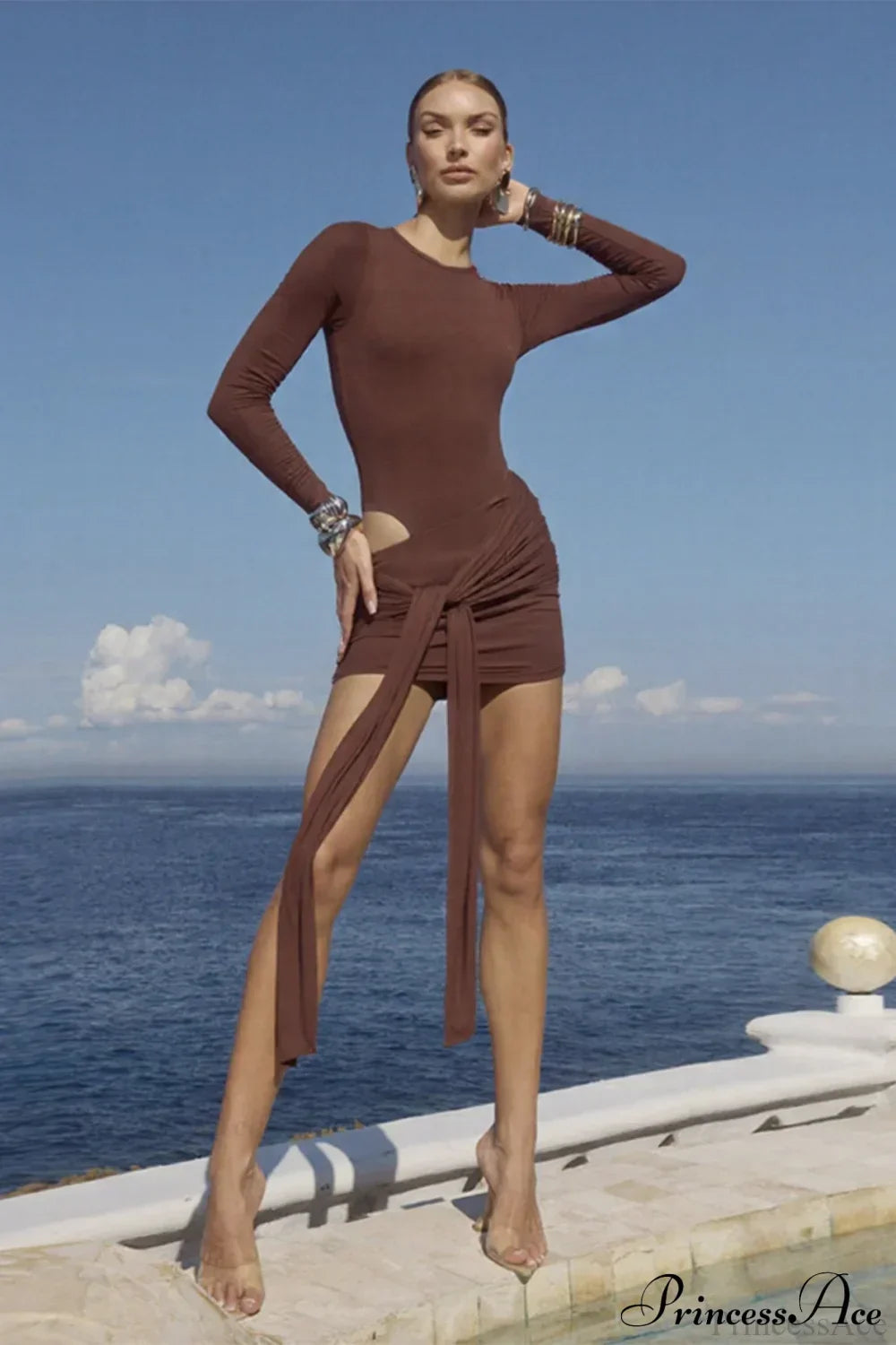 Boat Neck Long Sleeve Draped Cut Out Bodycon Mini Dress 6