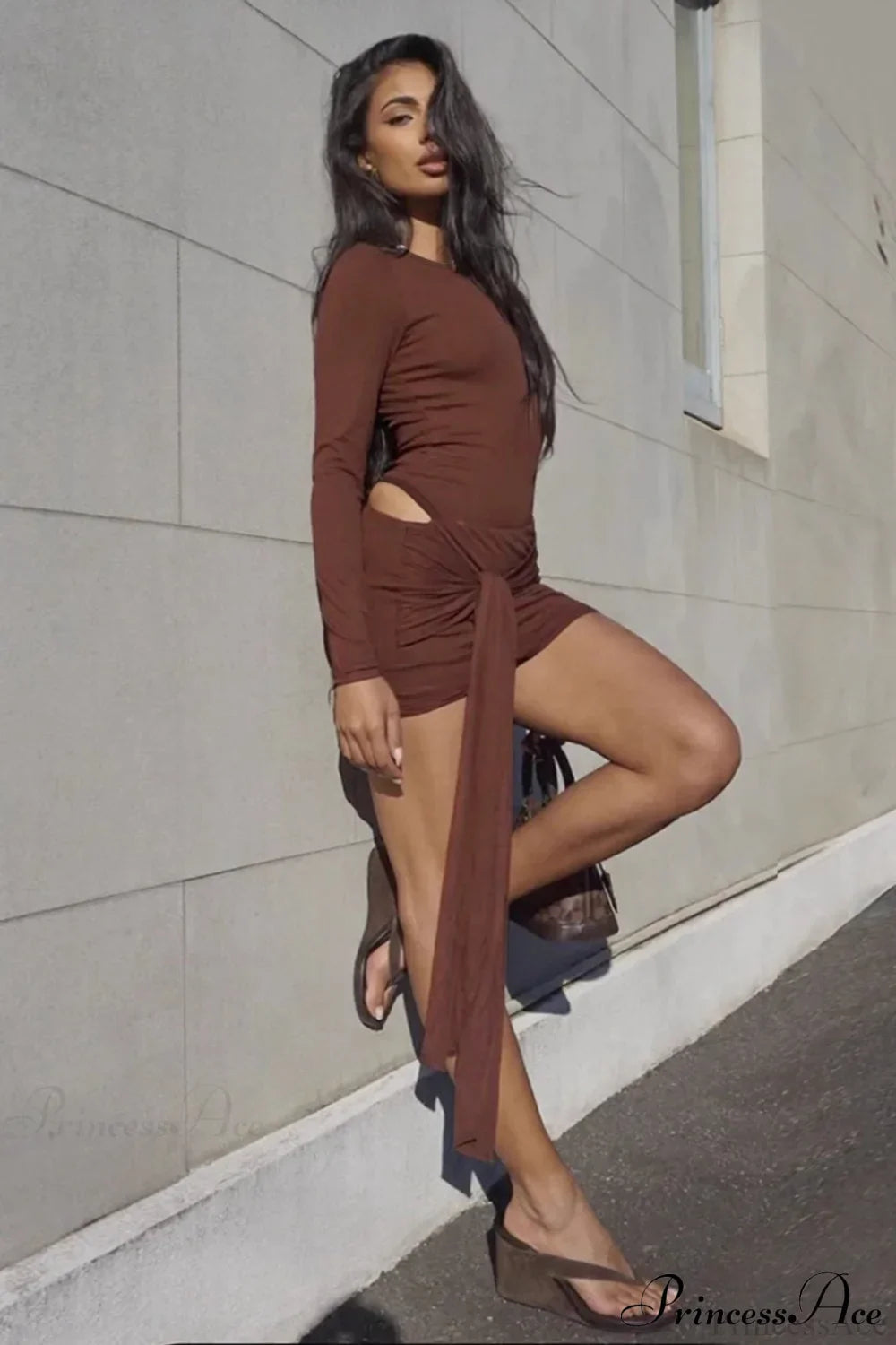 Boat Neck Long Sleeve Draped Cut Out Bodycon Mini Dress 4