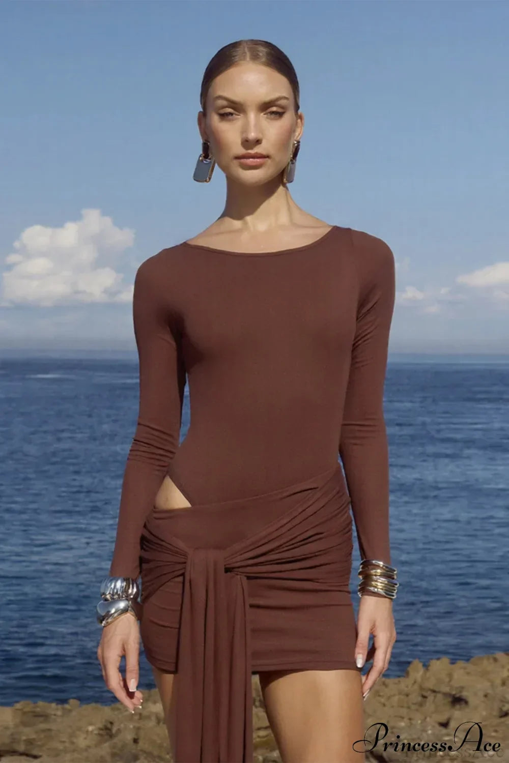 Boat Neck Long Sleeve Draped Cut Out Bodycon Mini Dress
