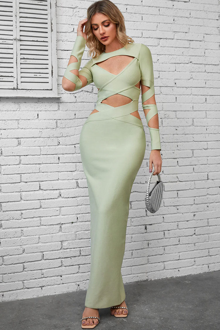Sexy Crew Neck Long Sleeve Bandage Cutout Evening Maxi Dress - Light Green Fashionpara