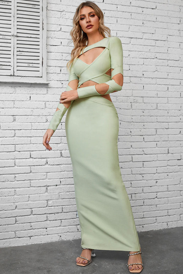 Sexy Crew Neck Long Sleeve Bandage Cutout Evening Maxi Dress - Light Green Fashionpara
