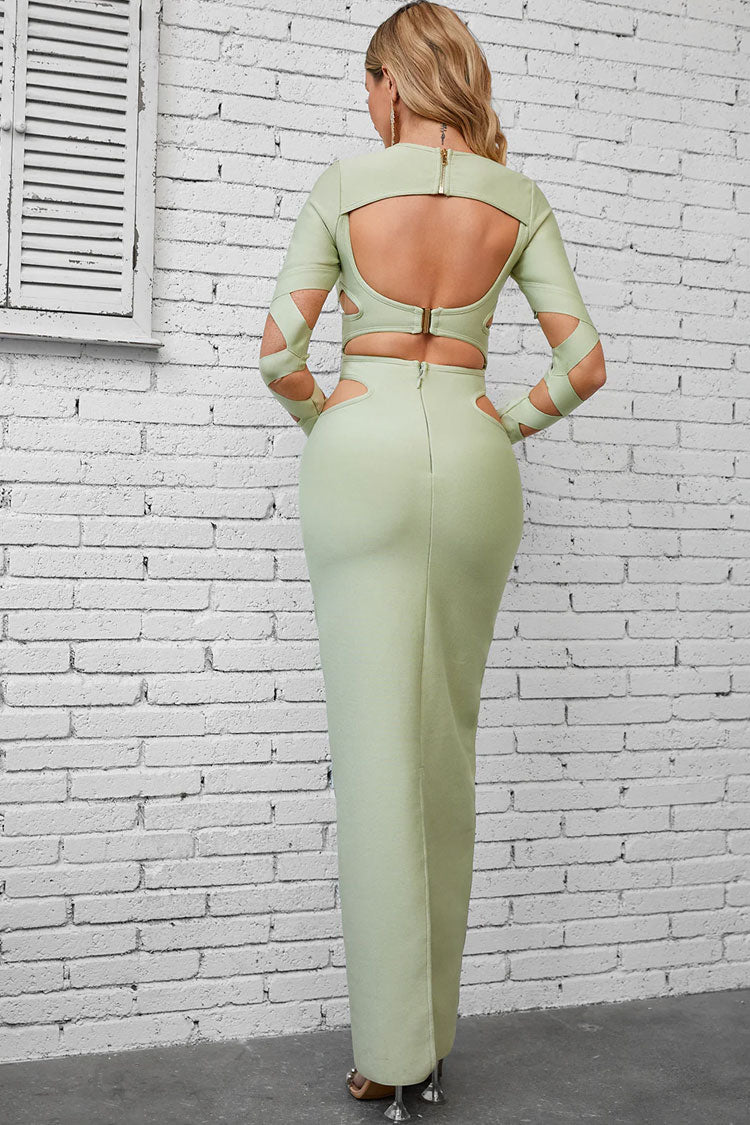 Sexy Crew Neck Long Sleeve Bandage Cutout Evening Maxi Dress - Light Green Fashionpara