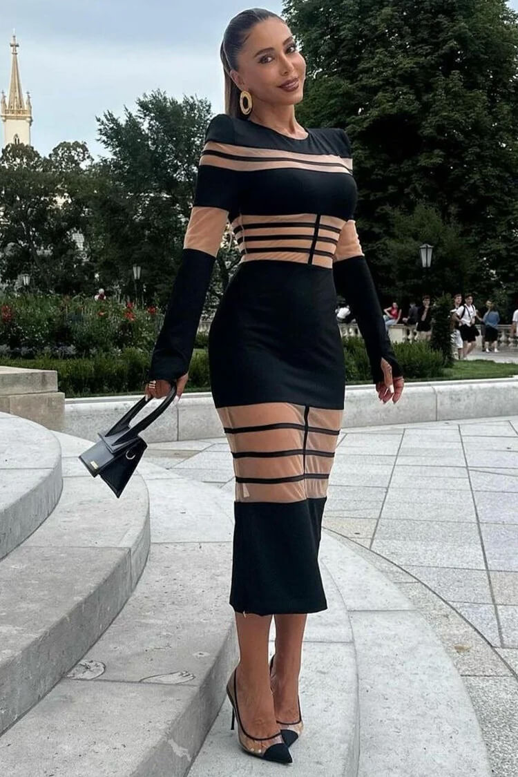 Sexy Crew Neck Long Sleeve Sheer Mesh Panel Bandage Cocktail Midi Dress - Fashionpara