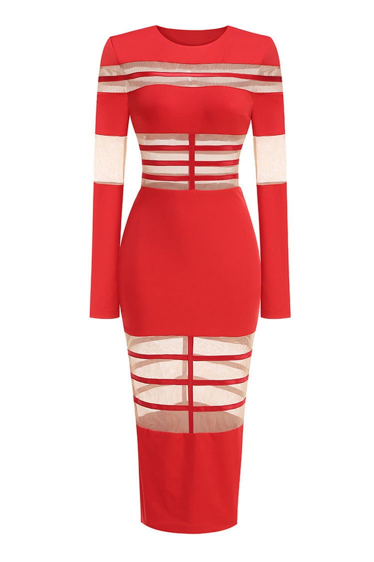 Sexy Crew Neck Long Sleeve Sheer Mesh Panel Bandage Cocktail Midi Dress - Fashionpara