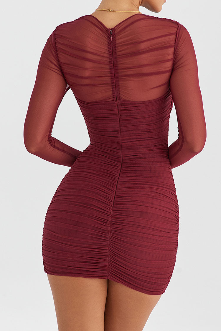 Sexy Crew Neck Sheer Mesh Long Sleeve Ruched Bodycon Party Mini Dress - Burgundy - Fashionpara