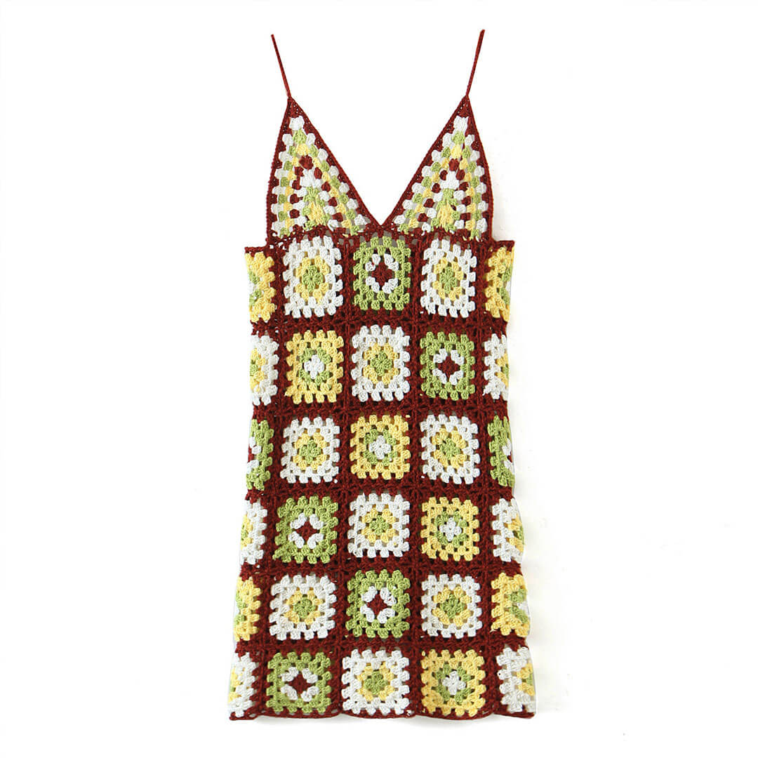 Crochet Knit Granny Square Spaghetti Strap Slip Mini Dress 2