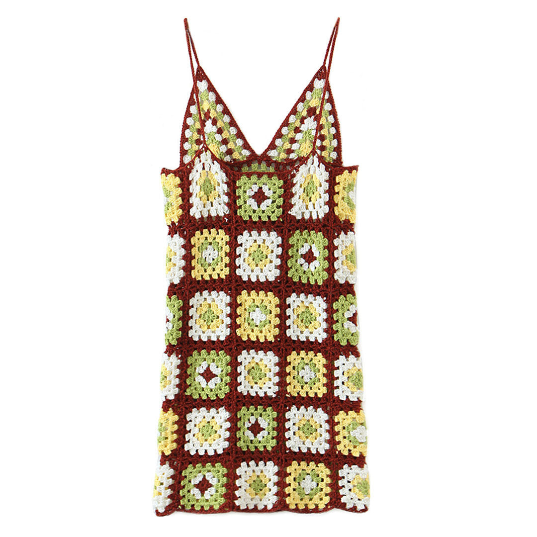 Crochet Knit Granny Square Spaghetti Strap Slip Mini Dress 3