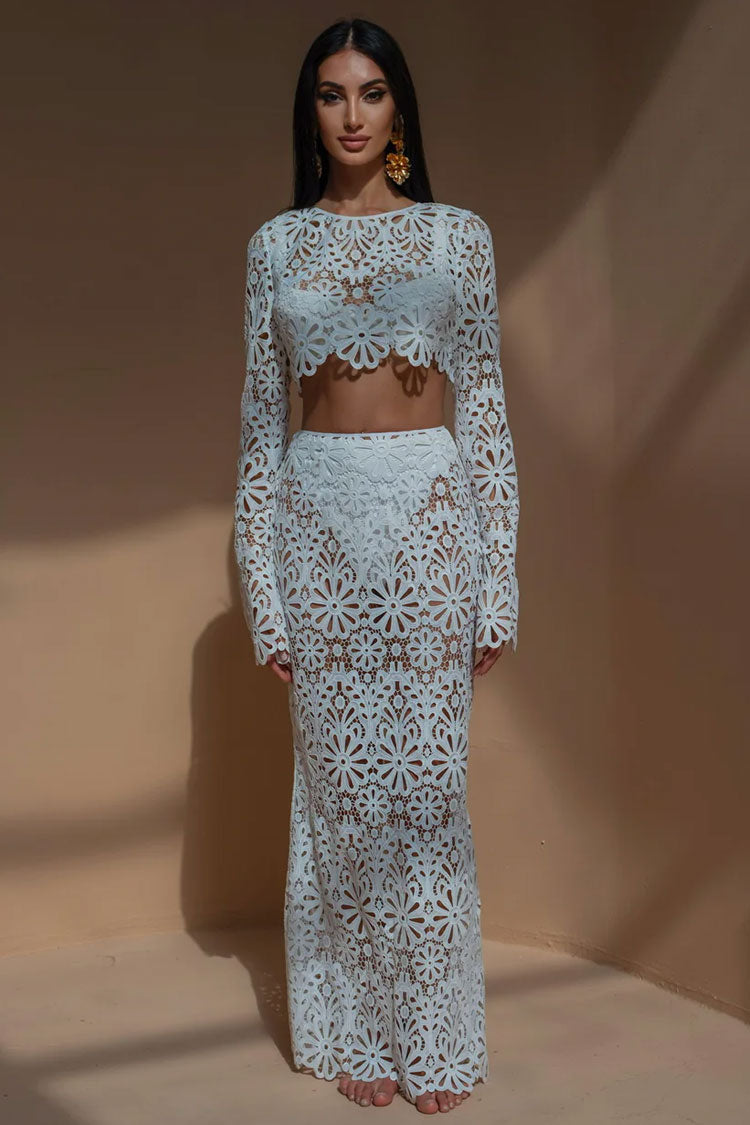 Sexy Crochet Lace Floral Long Sleeve Button Up Crop Two Piece Maxi Dress
