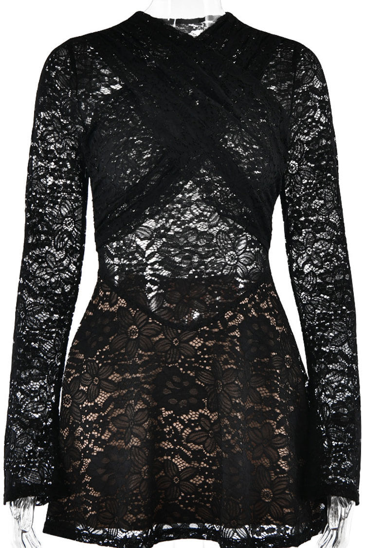 Sexy Cross Front Semi Sheer Long Sleeve Lace Party Mini Dress - Black - Fashionpara
