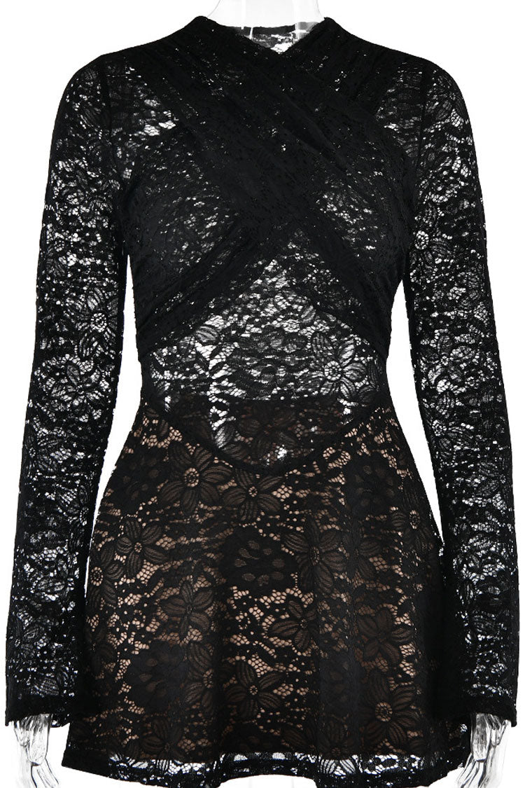Sexy Cross Front Semi Sheer Long Sleeve Lace Party Mini Dress - Red - Fashionpara