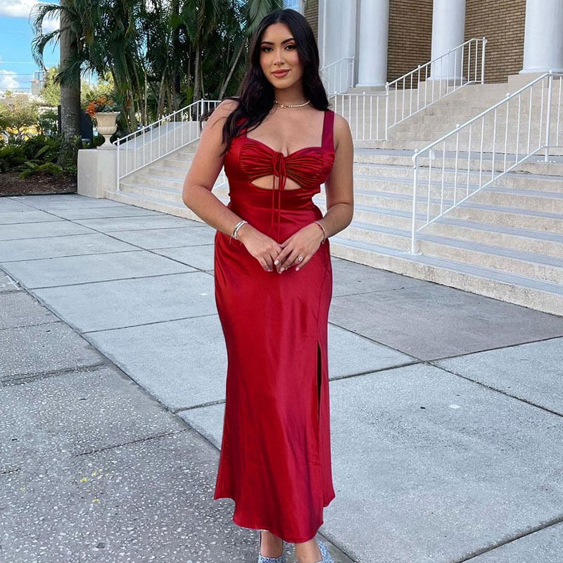 Satin Ruched Cut Out Drawstring High Slit Maxi Dress