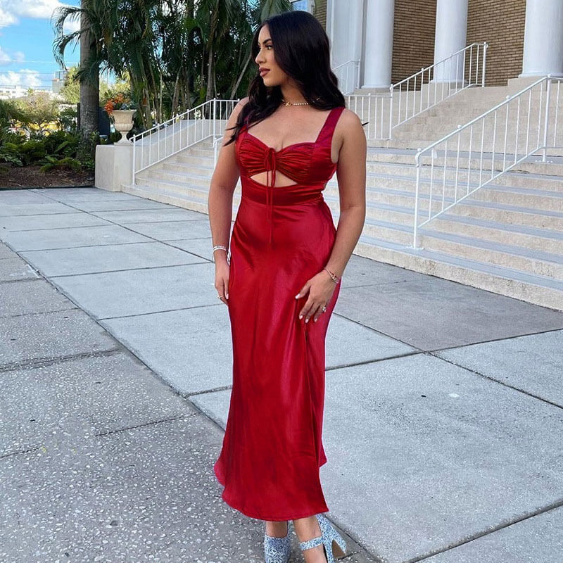 Satin Ruched Cut Out Drawstring High Slit Maxi Dress 2