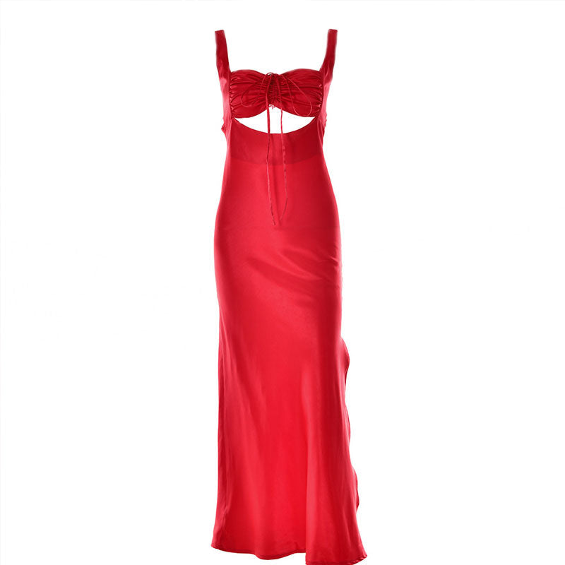 Satin Ruched Cut Out Drawstring High Slit Maxi Dress 3